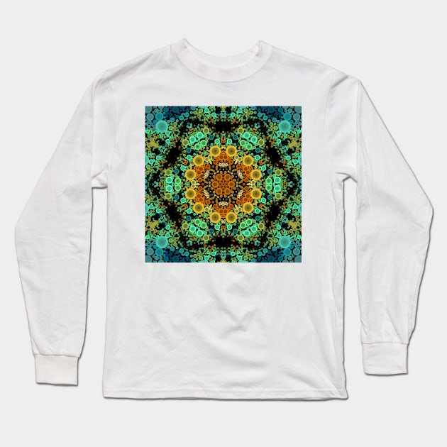 Dot Mandala Flower Orange Green and Blue Long Sleeve T-Shirt by WormholeOrbital